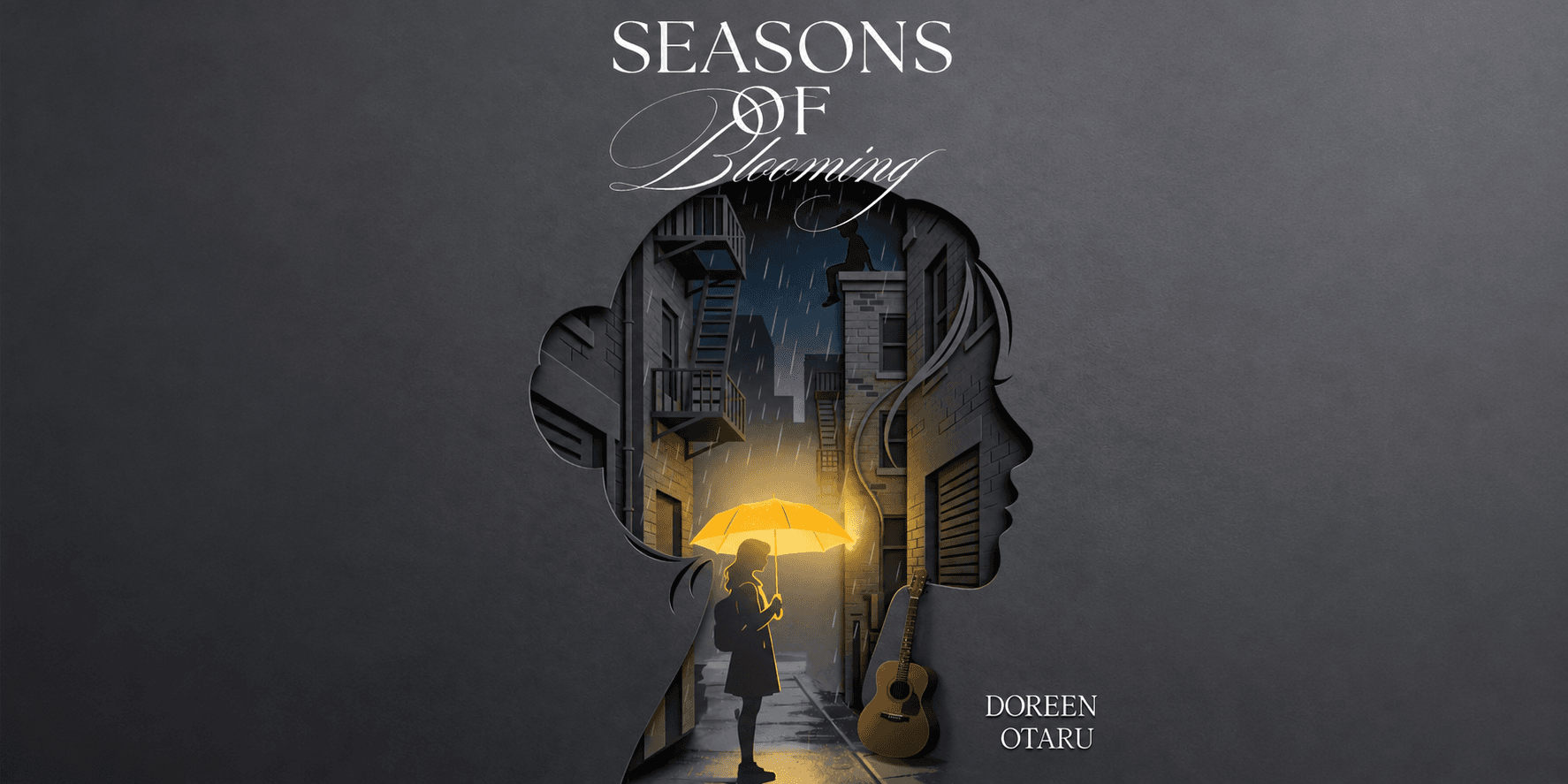 Silhouette of a girl with an umbrella in a rainy alley, guitar nearby