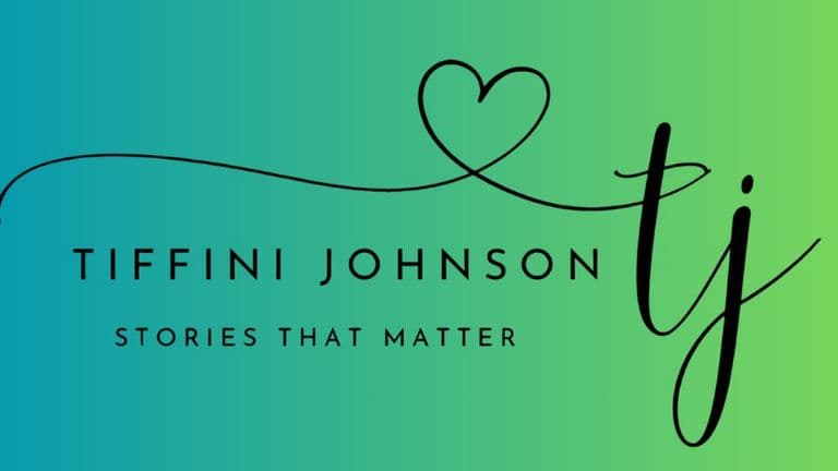 Tiffini Johnson “Stories That Matter” banner with heart design on blue-to-green gradient background.