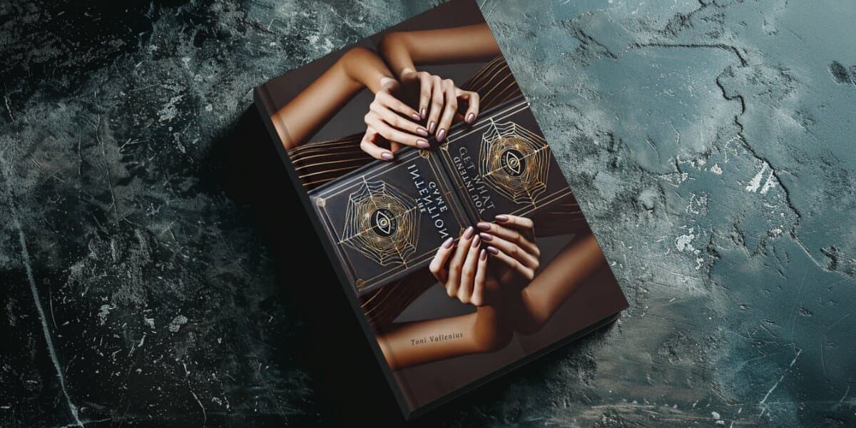 Book cover of "The Intention Game" by Toni Vallenius displayed on a marble surface, highlighting its design and title.