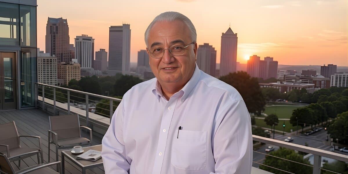 Kenneth Carnesi, Sr. in a white shirt, stands on a balcony overlooking the city, symbolizing his influence in bulk Wi-Fi.