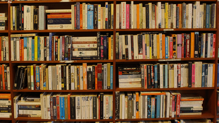 Bookshelves filled with books in a bookstore or library during the summer reading season.