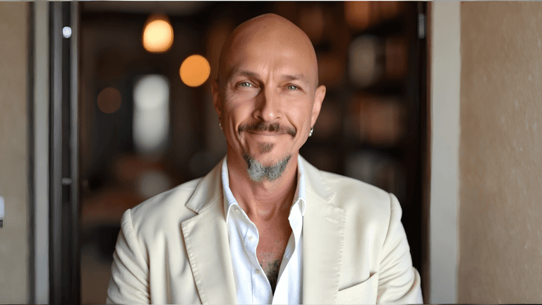 Bald man in a cream blazer smiling warmly indoors.