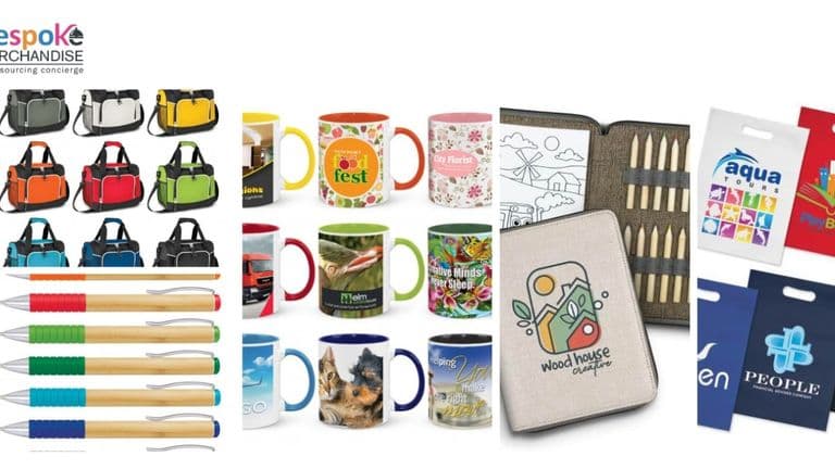 a selection of custom-branded merchandise such as bags, mugs, pens, notebooks, and promotional items.