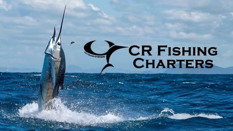 Marlin leaping from ocean beside CR Fishing Charters logo over blue Pacific waters.