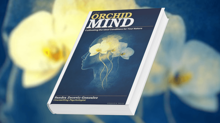 Book cover for The Orchid Mind by Sandra Zecevic-Gonzalez featuring orchid imagery and calming blue tones.