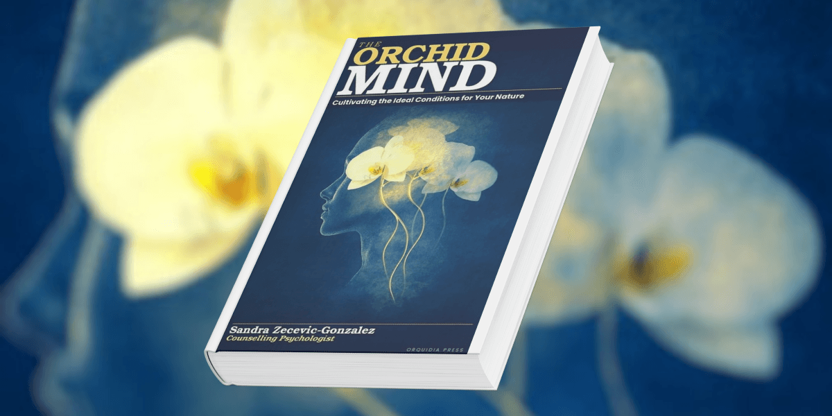 Book cover for The Orchid Mind by Sandra Zecevic-Gonzalez featuring orchid imagery and calming blue tones.