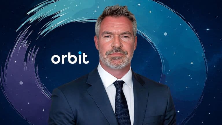 Portrait of Jason Butcher in a suit before Orbit Capital logo and abstract space-themed background.