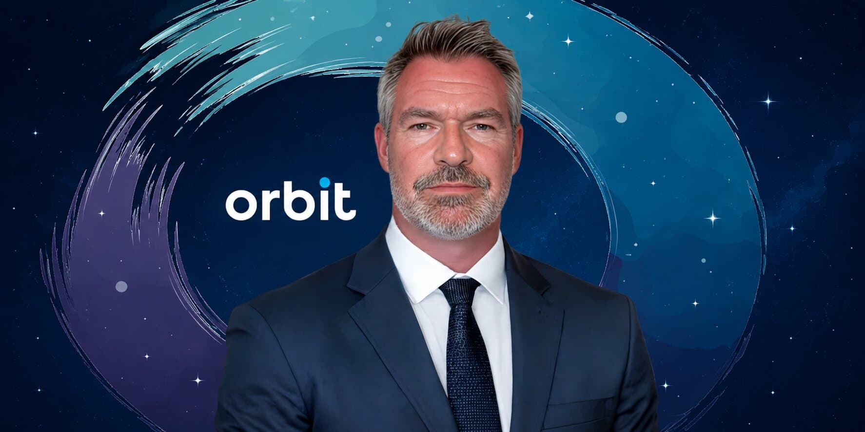 Portrait of Jason Butcher in a suit before Orbit Capital logo and abstract space-themed background.