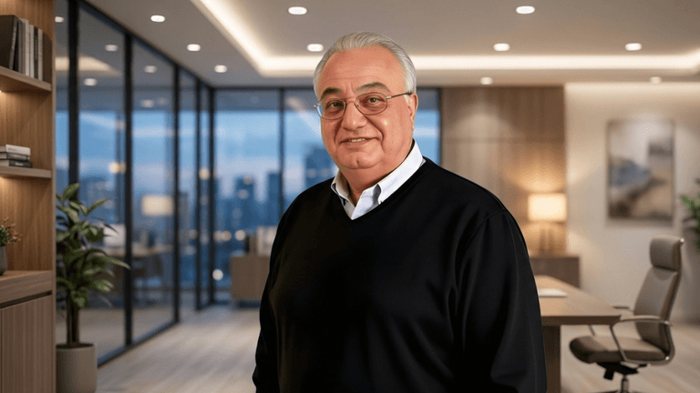 Smiling older man in modern office with city view, representing leadership, reflection, and professional resilience.