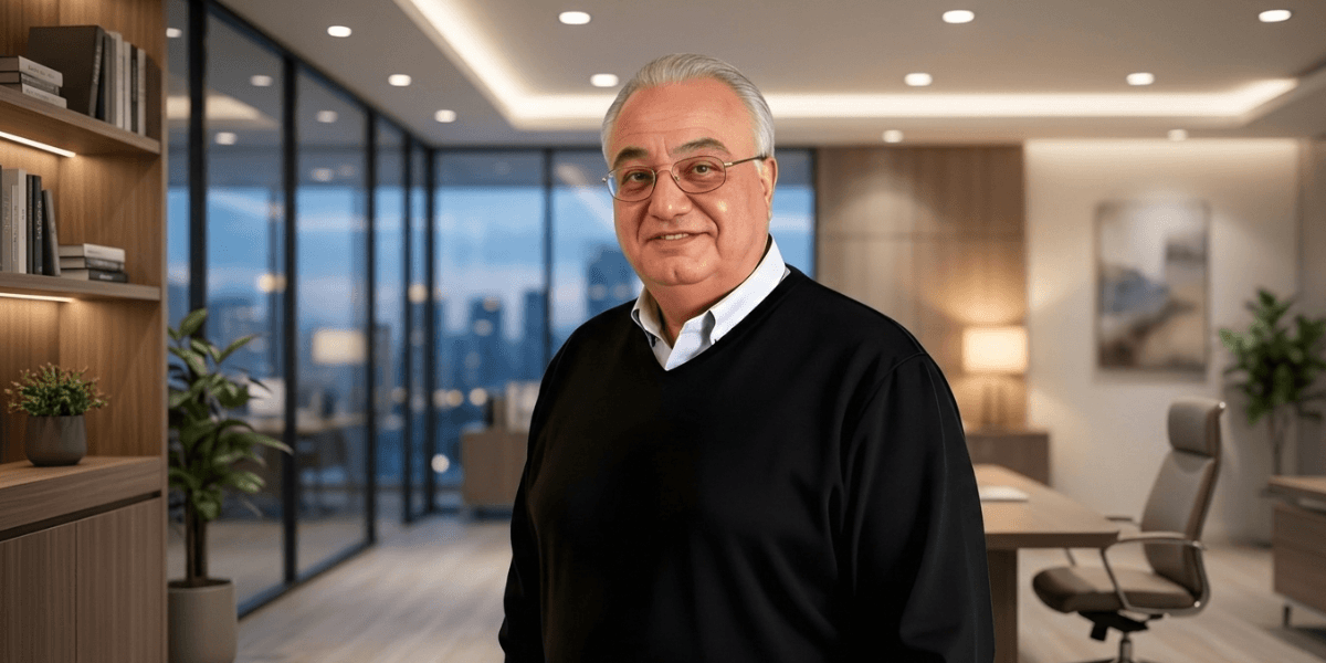 Smiling older man in modern office with city view, representing leadership, reflection, and professional resilience.
