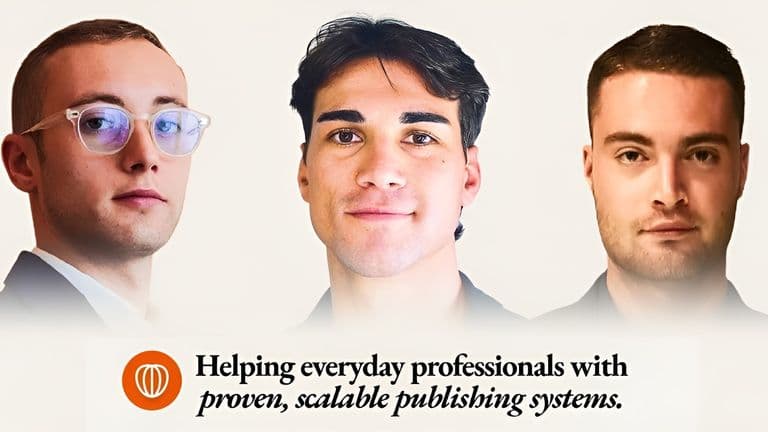 Three bespectacled men sharing insights on scalable publishing, highlighting Nespola.io's support for everyday professionals.