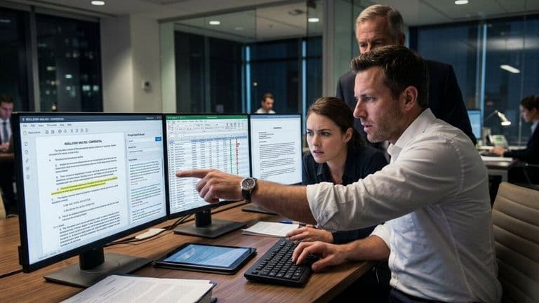 A focused team of three professionals examines data on dual monitors, pointing and discussing intensely, conveying urgency in a modern office setting at night.