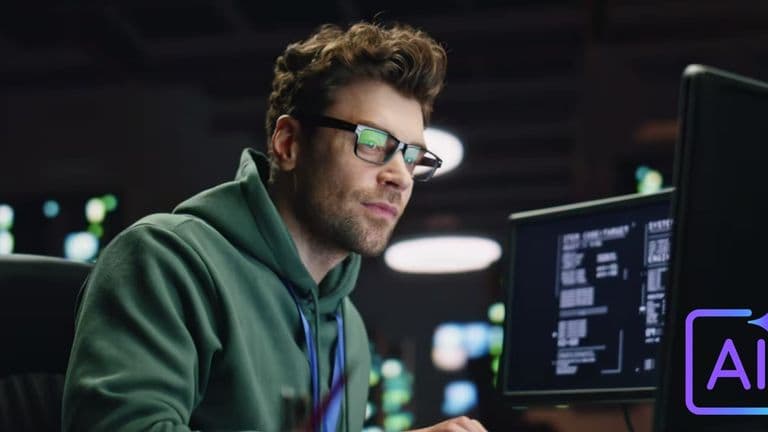 Developer using AI-powered coding tools on dual monitors in modern workspace.