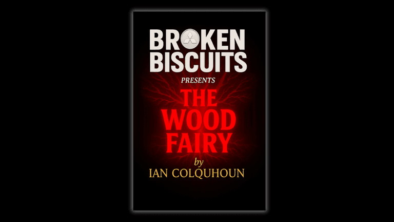 The book cover for The Wood Fairy by Ian Colquhoun, presented by Broken Biscuits, featuring bold red and black typography.