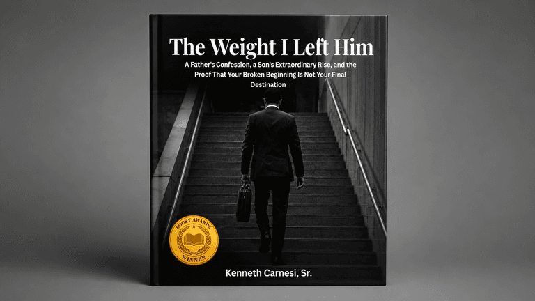 Book cover for Kenneth Carnesi, Sr.’s The Weight I Left Him, featuring a suited man ascending stairs.
