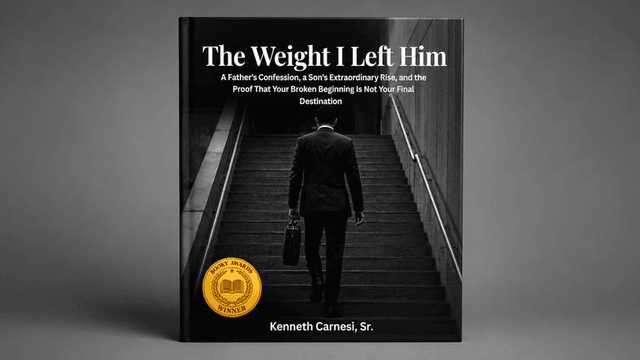 Book cover for Kenneth Carnesi, Sr.’s The Weight I Left Him, featuring a suited man ascending stairs.
