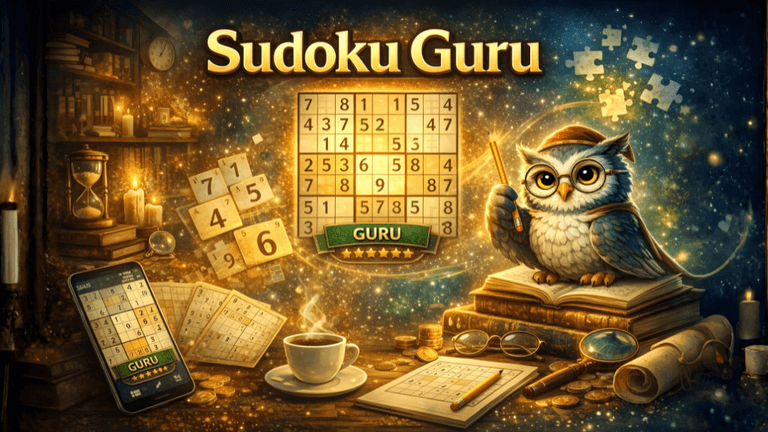 Sudoku-Guru platform interface showing number puzzle grid, highlighting digital puzzle service focused on concentration, stress relief, and daily cognitive engagement.