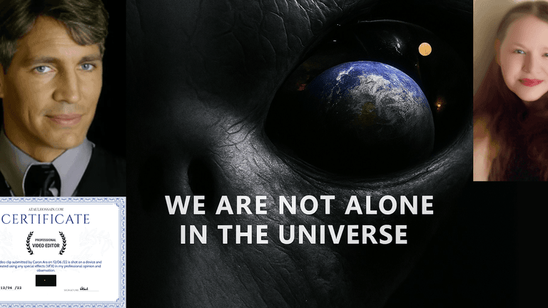 Collage featuring Caron Ara, an alien face with Earth in its eye, a certificate, and the quote “We Are Not Alone.”