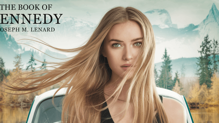 A young woman with long blonde hair, standing near a car with a serene mountain backdrop, promoting The Book of Kennedy.