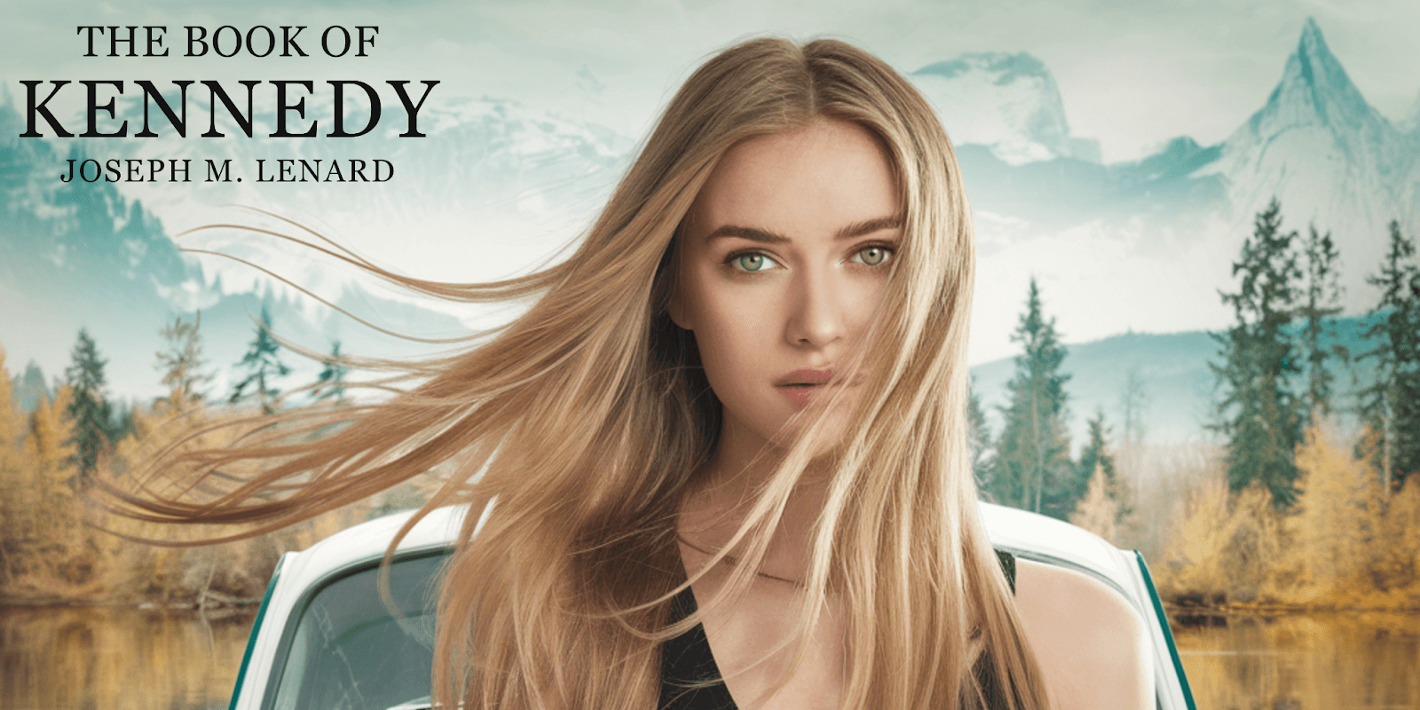 A young woman with long blonde hair, standing near a car with a serene mountain backdrop, promoting The Book of Kennedy.