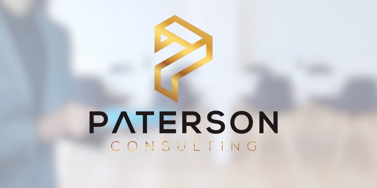 Gold P logo above Paterson Consulting text on blurred office background representing leadership, consulting expertise, and organizational transformation brand identity