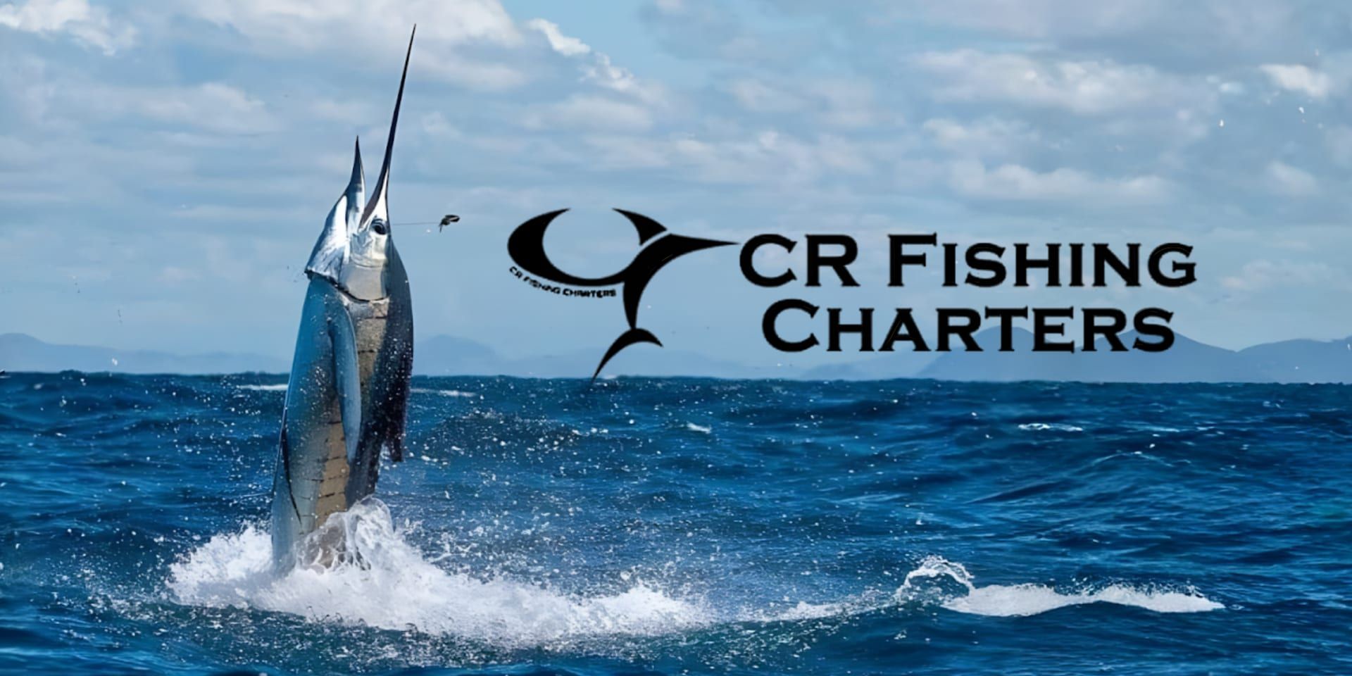 Marlin leaping from ocean beside CR Fishing Charters logo over blue Pacific waters.
