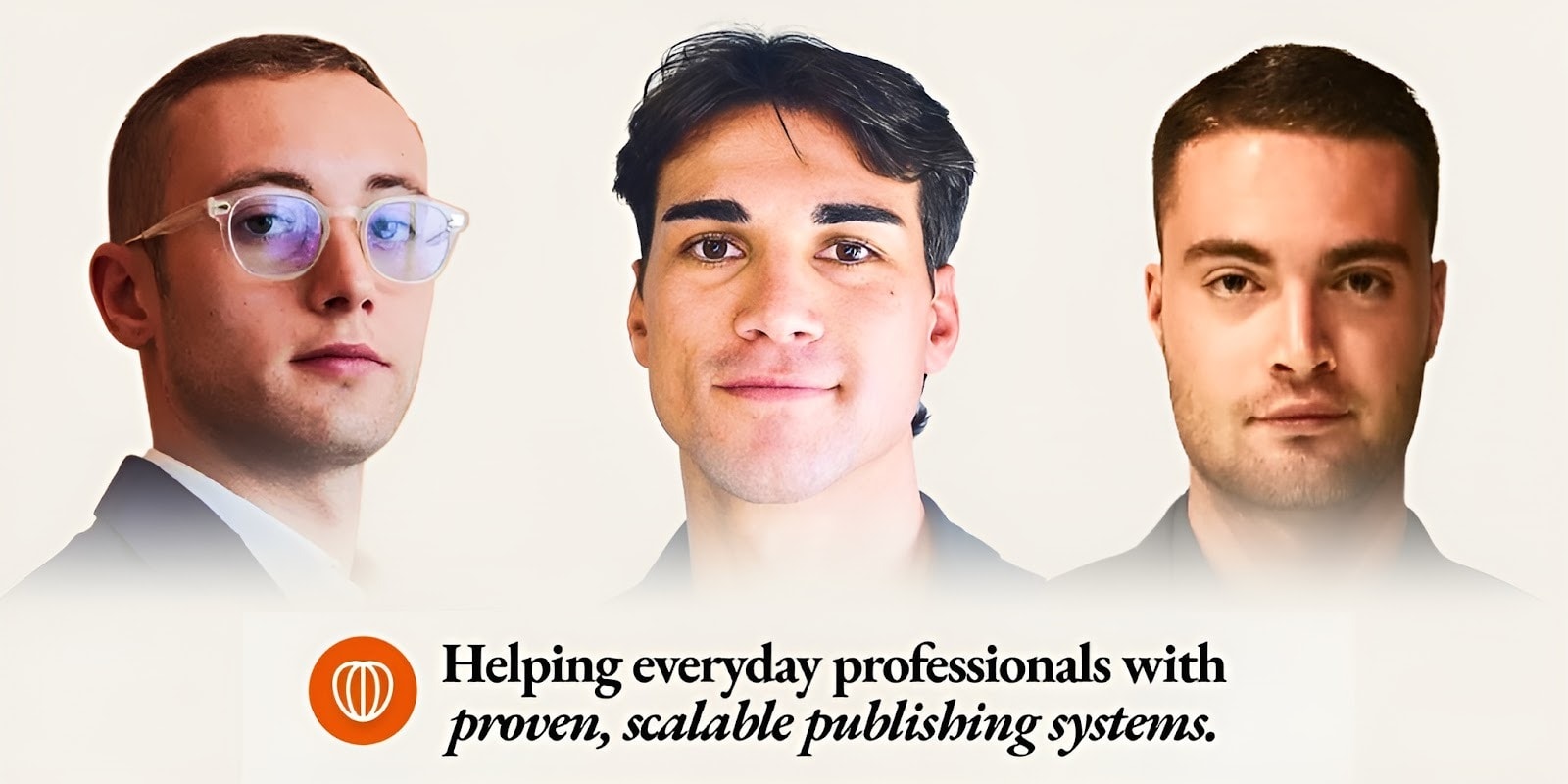 Three bespectacled men sharing insights on scalable publishing, highlighting Nespola.io's support for everyday professionals.