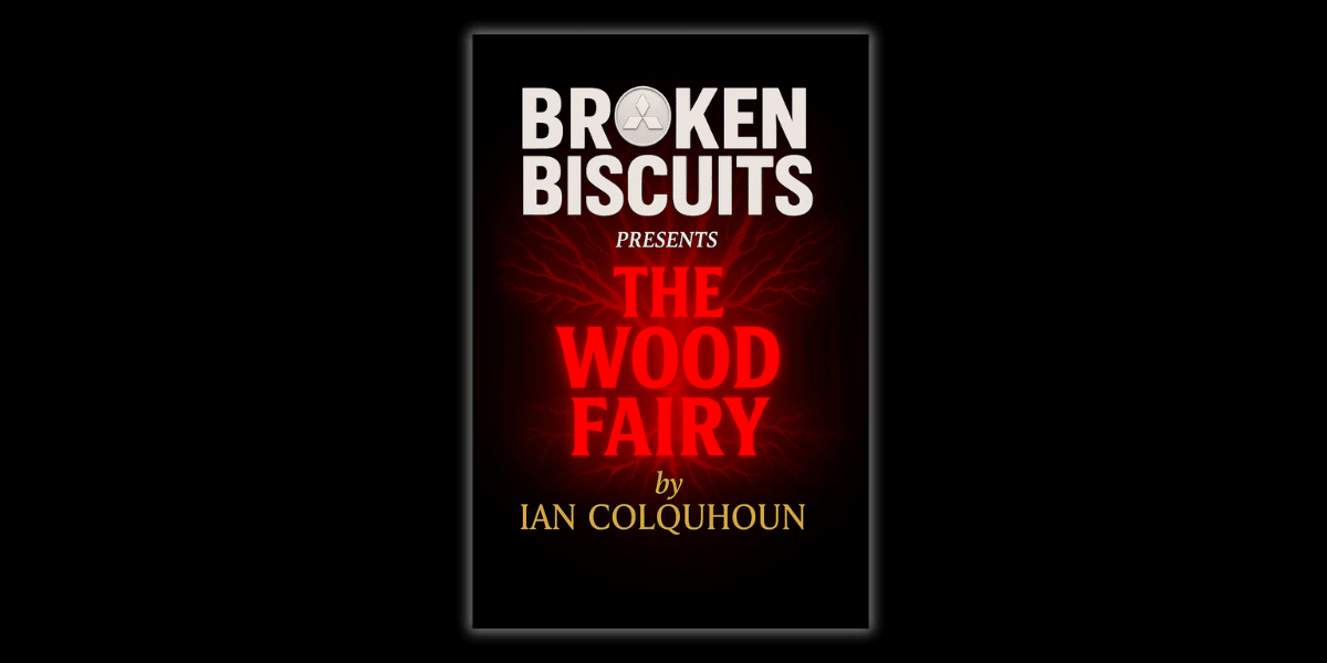 The book cover for The Wood Fairy by Ian Colquhoun, presented by Broken Biscuits, featuring bold red and black typography.