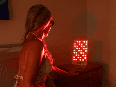 Woman in a swimsuit using a red light therapy device in a bedroom setting
