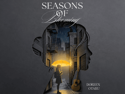Silhouette of a girl with an umbrella in a rainy alley, guitar nearby