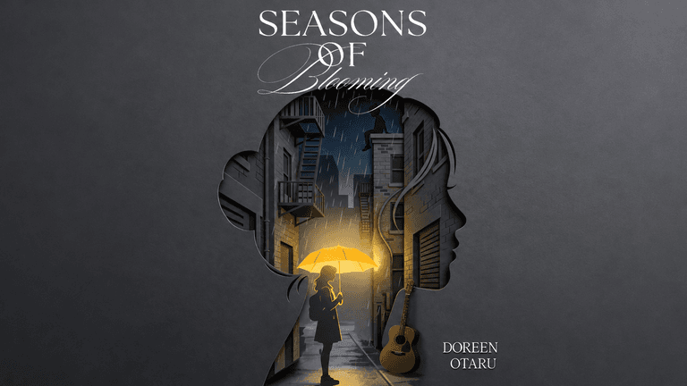 Silhouette of a girl with an umbrella in a rainy alley, guitar nearby