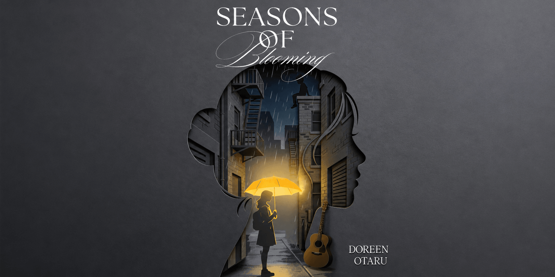Silhouette of a girl with an umbrella in a rainy alley, guitar nearby