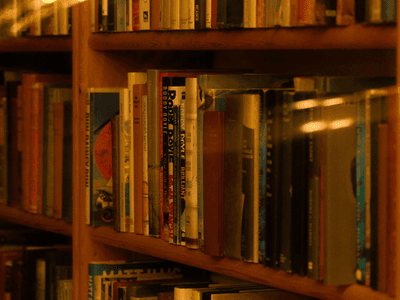 Bookshelves filled with various colorful books in a cozy reading space