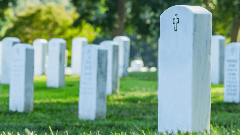 White gravestones in a cemetery, with a grassy landscape and trees in the background
