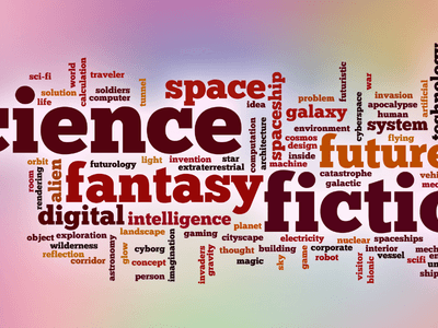 Word cloud featuring "science," "fiction," and "fantasy" with related themes and concepts