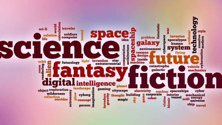 Word cloud featuring "science," "fiction," and "fantasy" with related themes and concepts