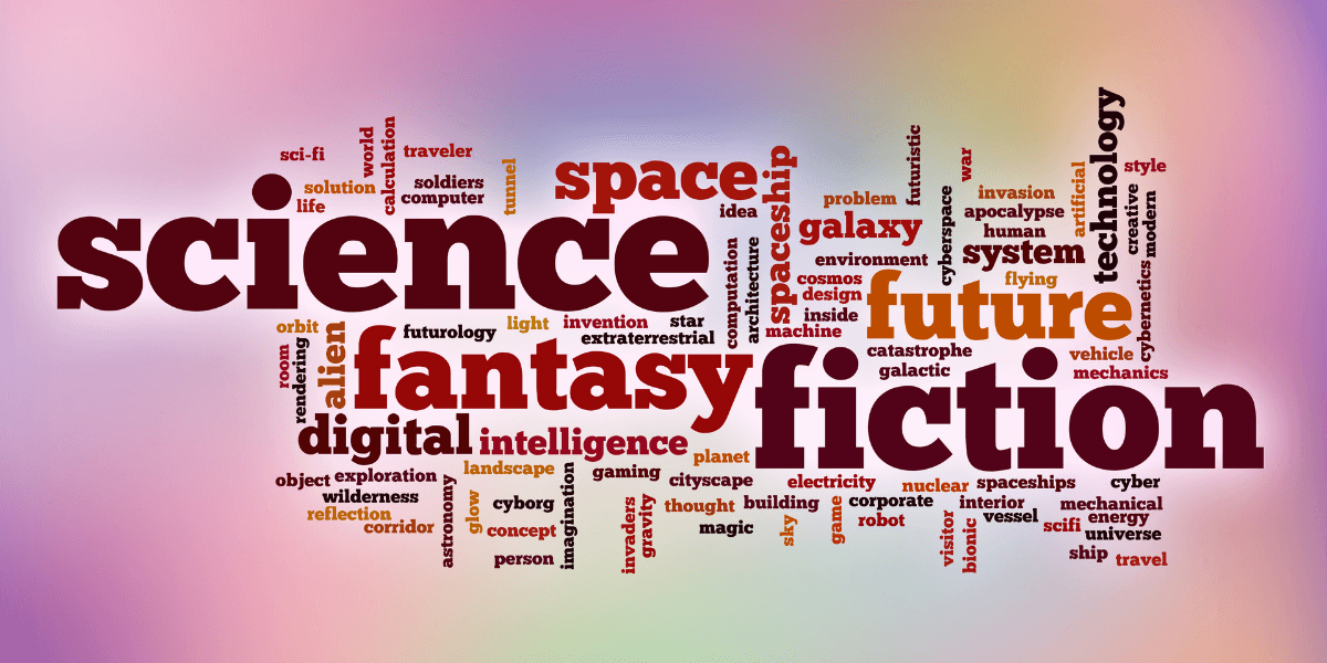Word cloud featuring "science," "fiction," and "fantasy" with related themes and concepts