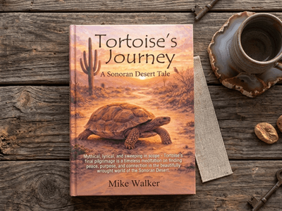 Book titled "Tortoise's Journey" resting on rustic wooden table with coffee cup and candle