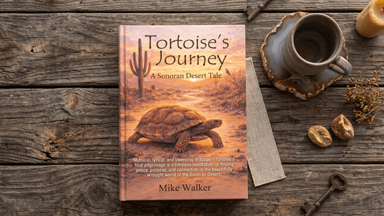 Book titled "Tortoise's Journey" resting on rustic wooden table with coffee cup and candle