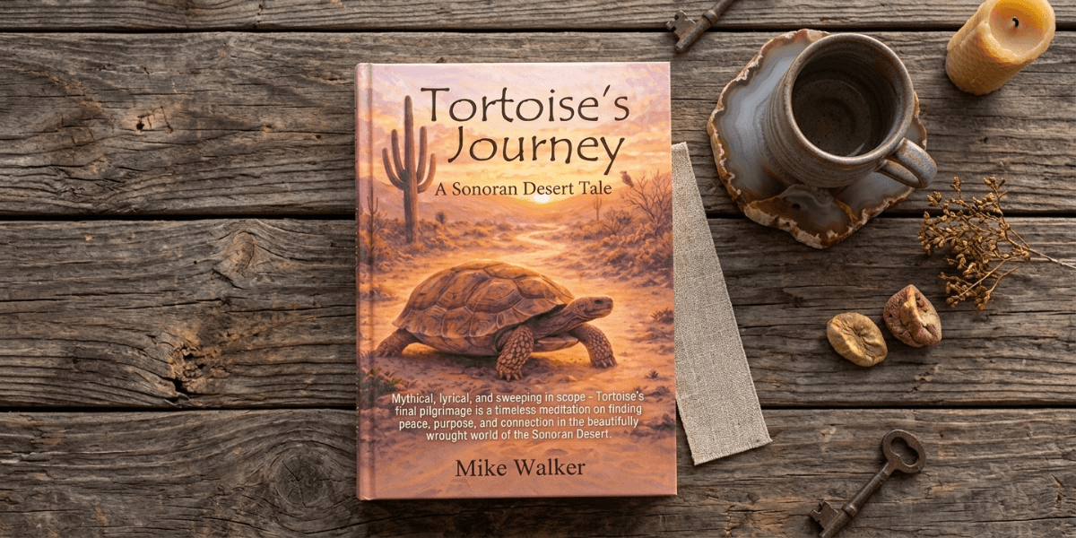 Book titled "Tortoise's Journey" resting on rustic wooden table with coffee cup and candle