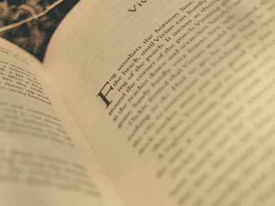 Open book page with blurred text and soft lighting in a natural setting