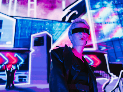Futuristic figure with sleek glasses stands against a vibrant neon city backdrop