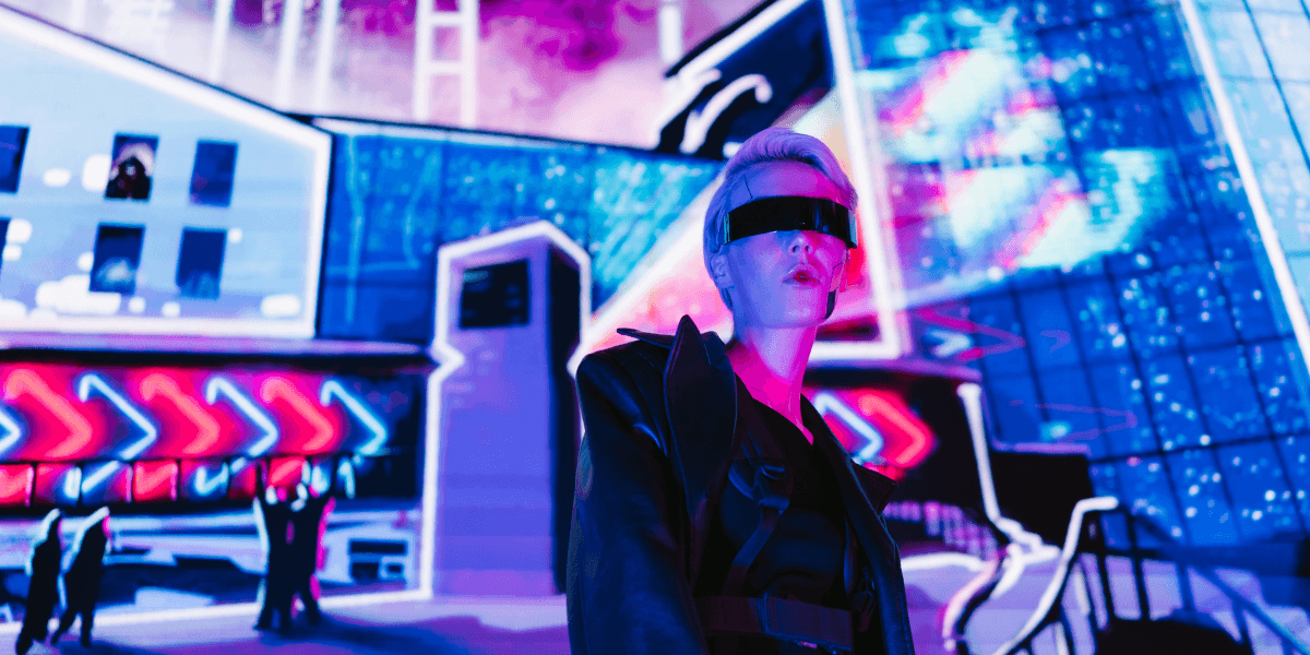 Futuristic figure with sleek glasses stands against a vibrant neon city backdrop