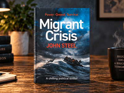 A book titled "Migrant Crisis" on a desk with a steaming coffee mug and notebooks