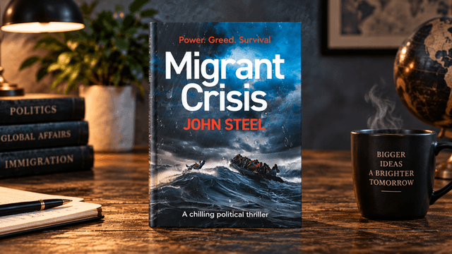 A book titled "Migrant Crisis" on a desk with a steaming coffee mug and notebooks