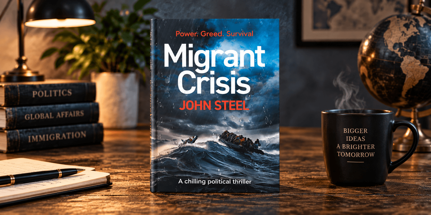 A book titled "Migrant Crisis" on a desk with a steaming coffee mug and notebooks