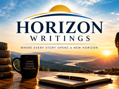 Person standing on a cliff at sunset next to books and a coffee mug