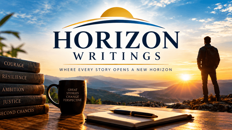 Person standing on a cliff at sunset next to books and a coffee mug