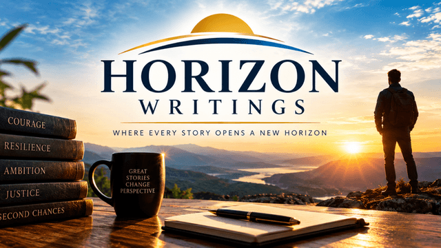 Person standing on a cliff at sunset next to books and a coffee mug