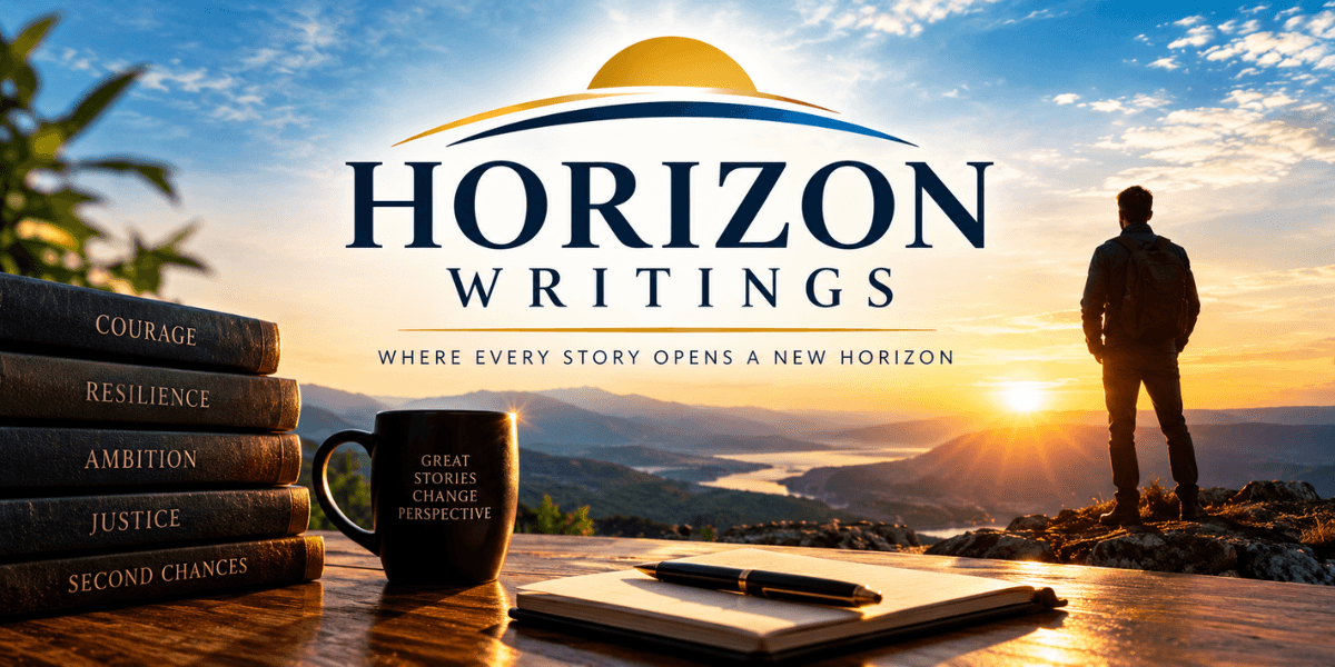 Person standing on a cliff at sunset next to books and a coffee mug